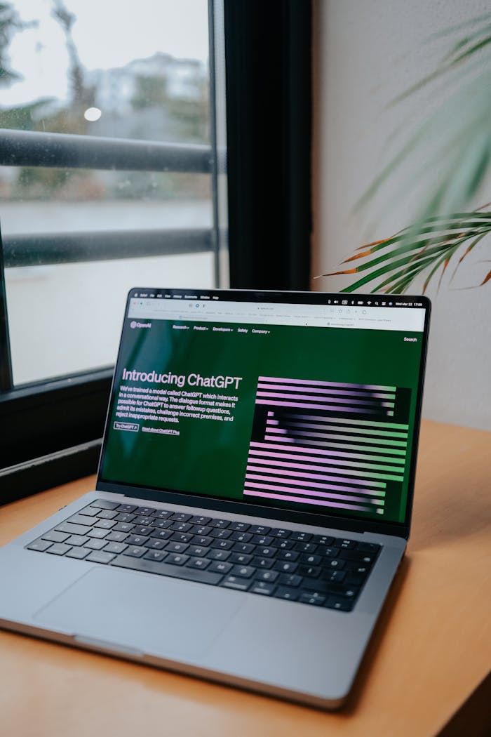 who-we-are Laptop on a desk showing ChatGPT interface next to a window, symbolizing modern technology.